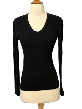 PerfectWhiteTee Robyn Shirt Black Ribbed Long Slv Perfect White Tee Scoop Size M